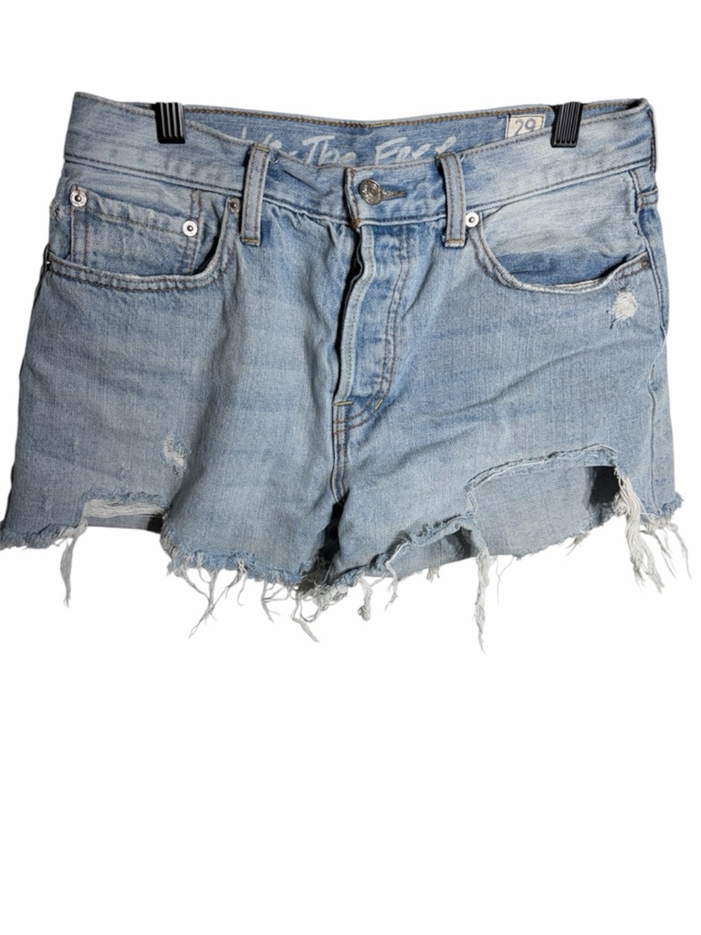 We the free button fly denim shorts distressed destroyed ripped mid rise 29